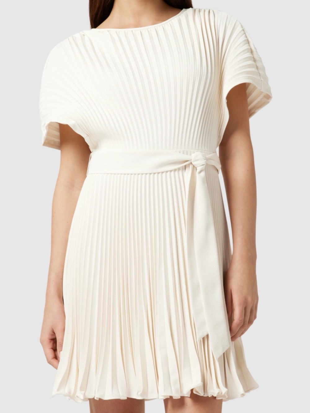 DKNY Ivory Pleated Midi Dress with Tie Waist